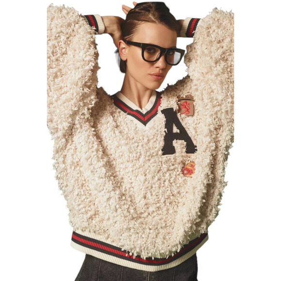 ANTHROPOLOGIE EVA FRANCO Plus Size 1X Varsity Pullover Shaggy Sweatshirt Top NWT - Picture 4 of 13